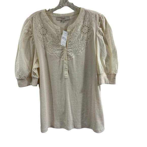 Loft Eyelet Yoke Mixed Media Top in Ecru Ivory Cream Size L Large #596116 - Picture 3 of 13